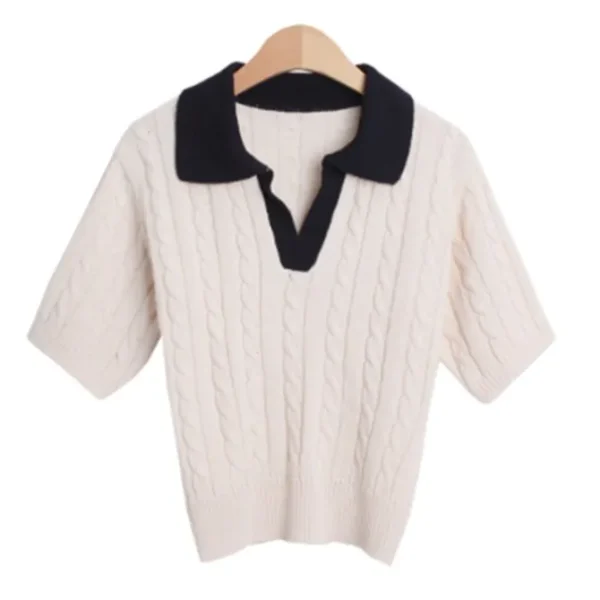 Contrast Collar Twist Short Sleeve Knitwear