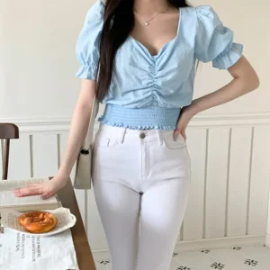 Shirring Puff Sleeve Crop Top