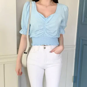 Shirring Puff Sleeve Crop Top