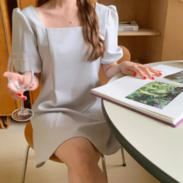 Square Neck Loose Fit Puff Sleeve Mini Dress
