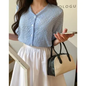 V-Neck Check Puff Sleeve Top