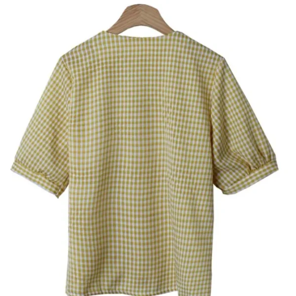 V-Neck Check Puff Sleeve Top