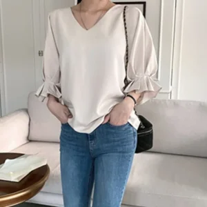 V-Neck Loose Fit Ruffle Blouse