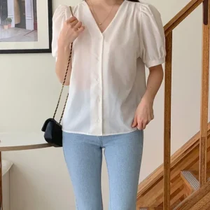 V-Neck Puff Sleeve Blouse